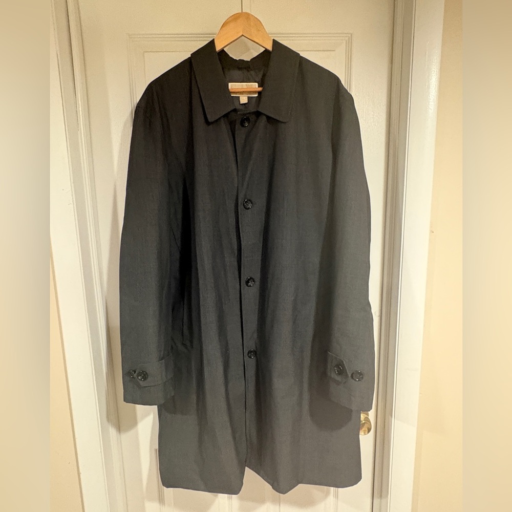 MICHAEL Kors Trench Rain Coat 48R 2XL Grey Black Plaid Single Breasted Buttoned